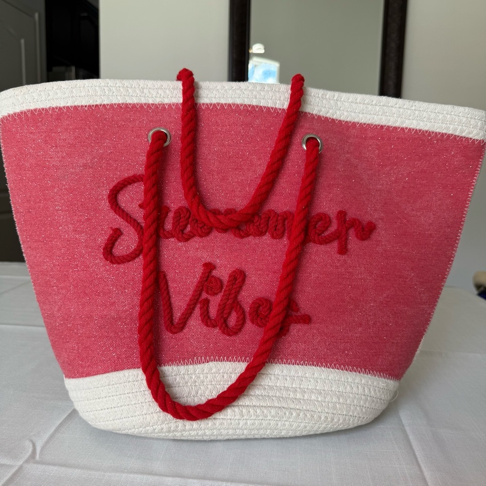 Free Style Summer Vibes Pink Glitter Canvas & Woven Beach Bag Tote Bag Vacation